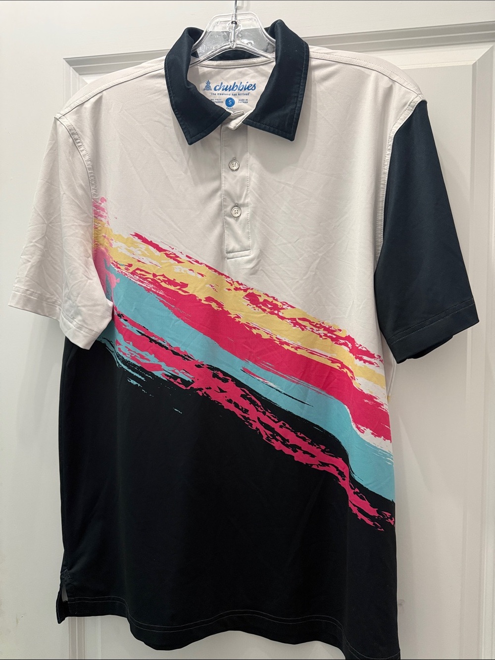 chubbies White and Black Polo with Pink, Yellow & Aqua Brush Strokes